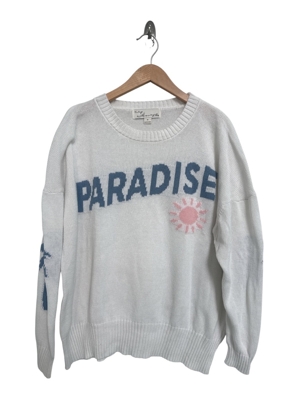 Vintage Havana "Sun Sweater" featuring a white knit with a blue "PARADISE"